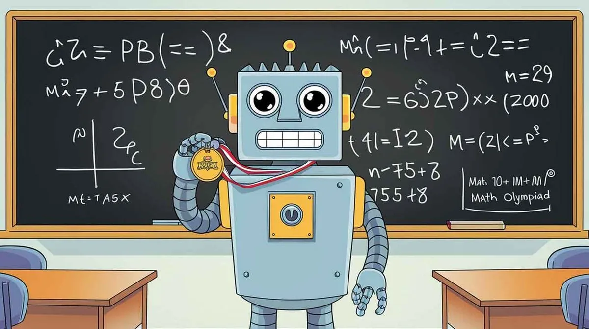Robot hoiab medalit klassiruumis tahvli ees, millel on kirjutatud keerulised matemaatikavõrrandid. Tahvli kõrval on loetav tekst "Math Olympiad". Robotil on rõõmus ilme ja metallist keha. Laua nurk ilmub pildi alumises osas.