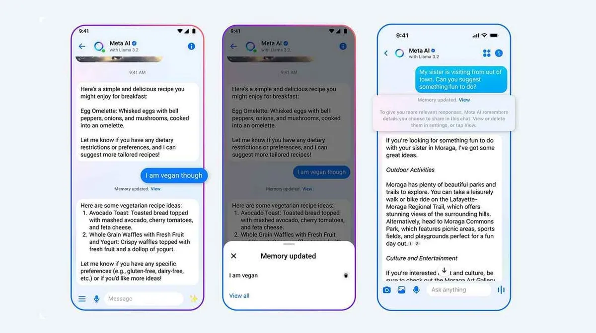 Kolm mobiiliekraani, millel on näha Meta AI vestlused. Esimesel ekraanil pakub tehisintellekt hommikusöögi retsepti munade, paprikate, sibulate ja seentega. Kasutaja vastab: 