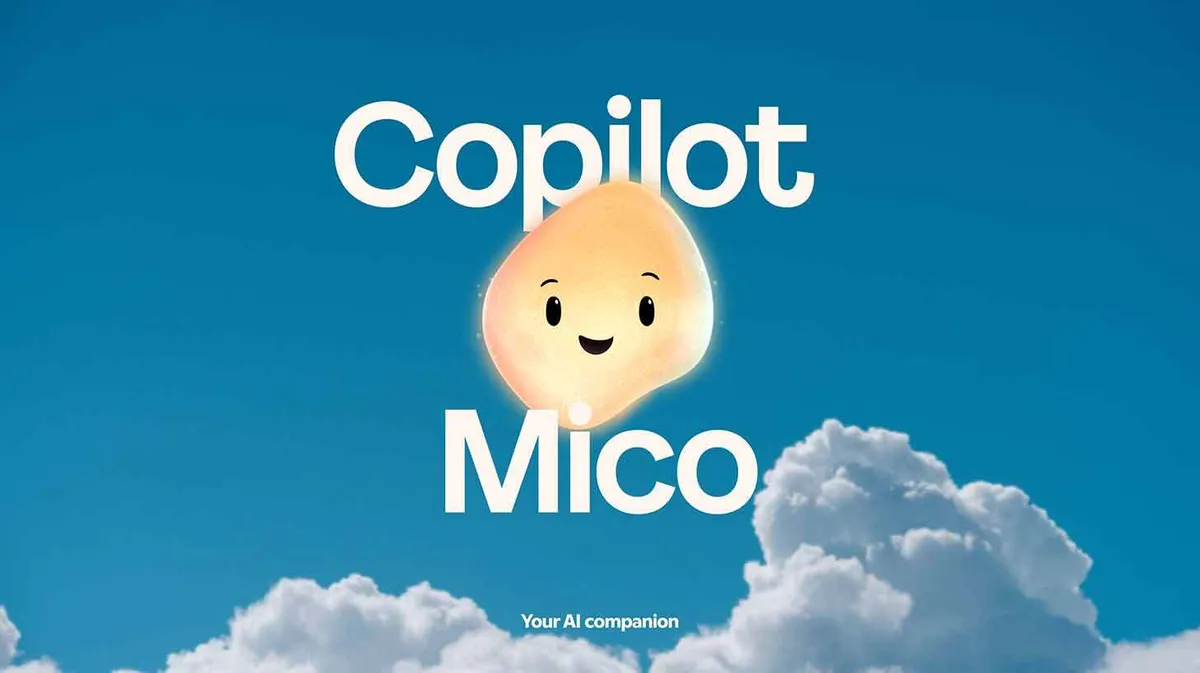 Sinisel taevas lendleb väikese näoga sõbralik oranž kujuke, mille ümber on kiri 'Copilot Mico'. Allosas on väikeste tähtedega tekst 'Your AI companion'. Taevas on kaetud allosas valgete pilvedega.