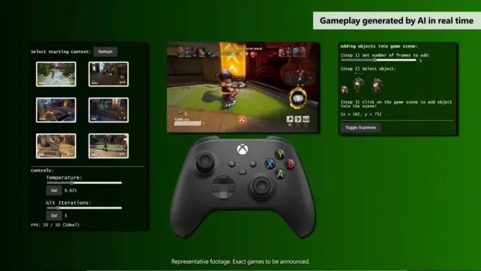 Kujutis näitab videomängu liidest, kus keskel on Xboxi kontroller. Vasakul küljel on ekraanil erinevad mängustseenid valikuteks, sealhulgas temperatuurisätted ja 'Git Iterations'. Paremal küljel on skripti kodeerimise aken mänguelementide lisamiseks. Ülal on tekst 'Gameplay generated by AI in real time'.