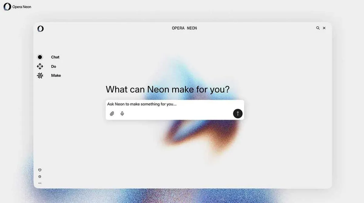 Opera Neon ekraanitõmmis, kus on näidatud startleht. Vasakul on vertikaalne menüü kolme valikuga: 'Chat,' 'Do,' ja 'Make.' Keskel on tekst 'What can Neon make for you?' ning all sisestusväli tekstiga 'Ask Neon to make something for you...' Sisestusvälja kõrval on nupud, millest üks tundub olevat mikrofoniga seotud. Taustal on udune, abstraktne muster sinistes ja pruunides toonides.