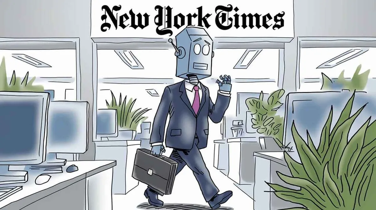 Roboti peaga tegelane, kes kannab ülikonda ja hoiab kohvrit, kõnnib kontoris, millel on 'New York Times' logo. Taustal on arvutid ja toalilled.