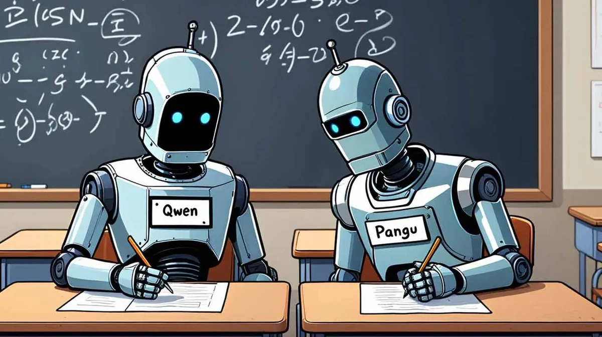 Kaks robotit istuvad klassiruumis koolilaudade taga ja kirjutavad. Tahvlil on erinevaid matemaatilisi valemeid. Robotitel on rinnal nimed ja nad hoiavad käes pliiatsit, mille abil täidavad pabereid.