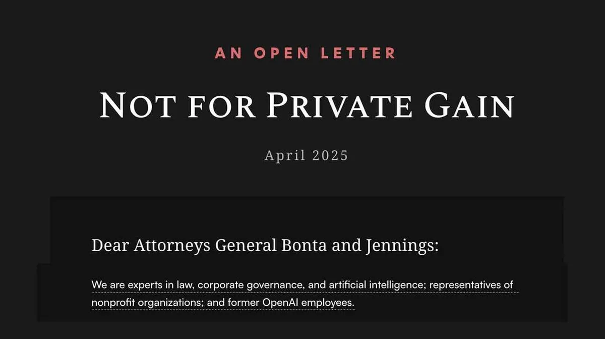 Kiri mustal taustal sisaldab pealkirja 'An Open Letter: Not for Private Gain', kuupäevaga aprill 2025. Allpool on tekst 'Dear Attorneys General Bonta and Jennings:' ning lühitekst nende kvalifikatsioonide kohta.