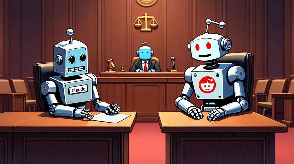 Kahe roboti koomiksistiilis pilt kohtusaalis. Ühel robotil on silt 'Claude', teisel punased silmad ja rinnal Redditi logo. Tagaplaanil on kohtunikurobot, skulptuuriga kaalukoht kaunistuste seas.