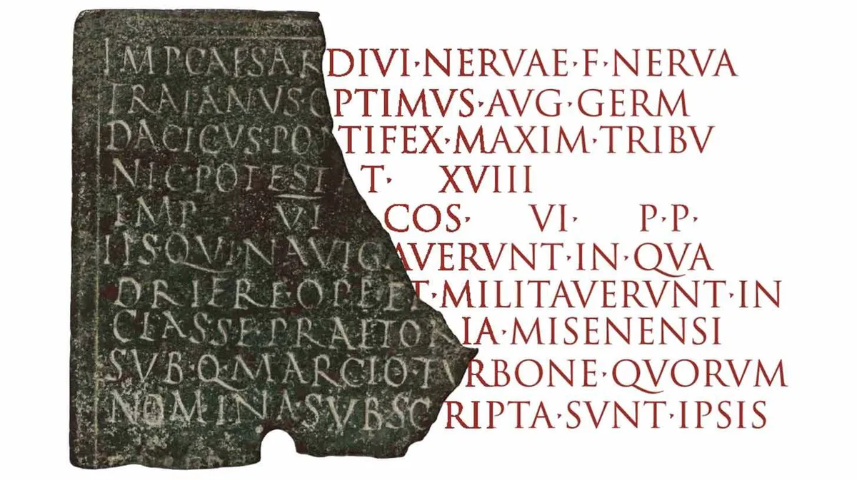Rooma kivitahvlil on ladina keeles graveering. Tekst on osaliselt kahjustatud ja koosneb kahest erinevast osast: vasakul pool vana kivipinna graveering ning paremal pool samal viisil kirjutatud, kuid punase tindi või värviga trükitud tähed. Tähed on suurtähtedega ja tihedalt kirjutatud, ilma tühikute või interpunktsioonita.