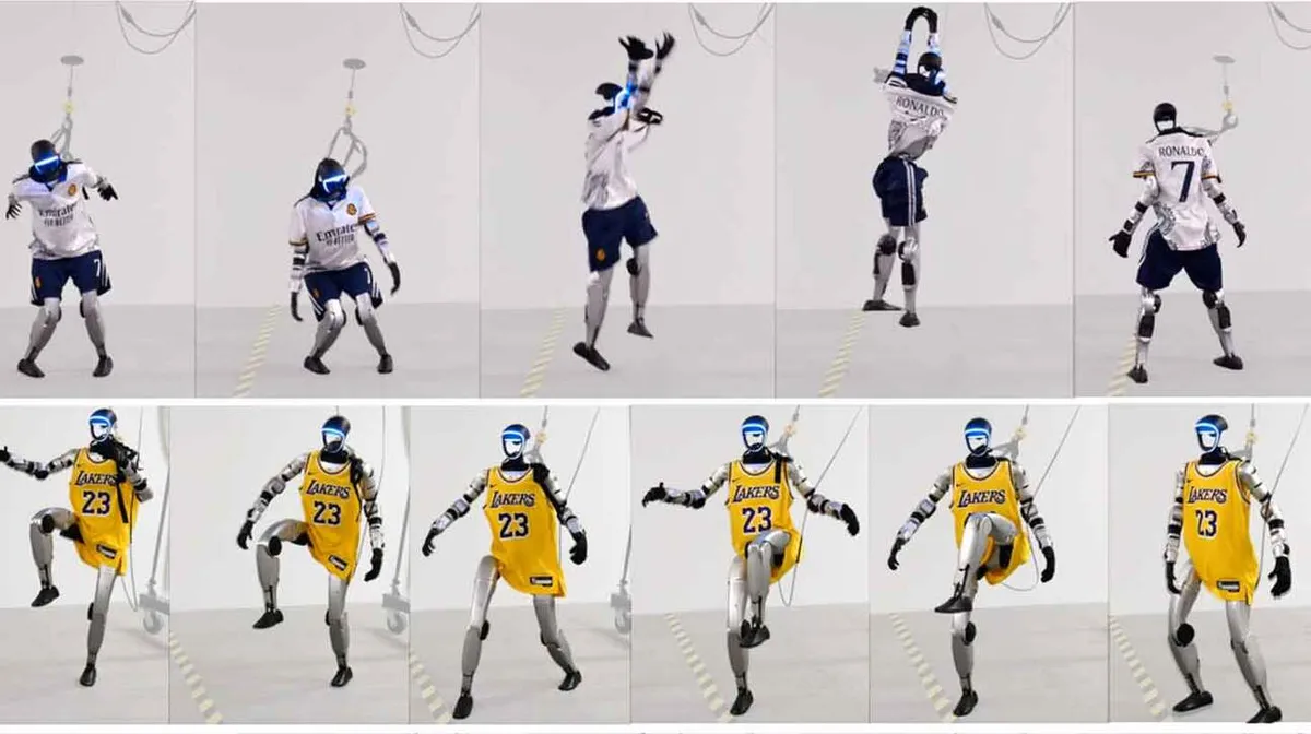Pildil on järjestikused kaadrid robotist, kes on riietatud erinevatesse spordivormidesse. Ülemisel real kannab robot valget jalgpallivormi koos numbriga '7'. Alumisel real on robot kollases korvpallivormis numbriga '23'. Robot paistab tegevat erinevaid liikumisi ja poose.