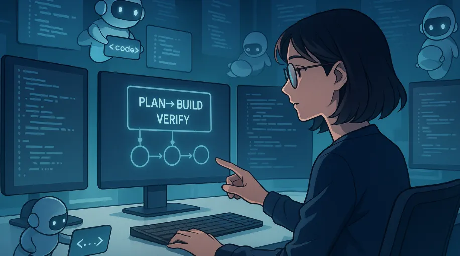 Naine tumedate juustega ja prillidega istub laua taga, suunates sõrmega arvutiekraanile, millel on kirjas 'Plan → Build → Verify'. Ekraanil on ka visuaalne protsessiskeem. Ruumi seintel olevatel ekraanidel ja laual on programmeerimiskood. Ruumi kaunistavad väikesed, lendavad robotid, millest mõnel on käsilauad tekstiga 'code'.