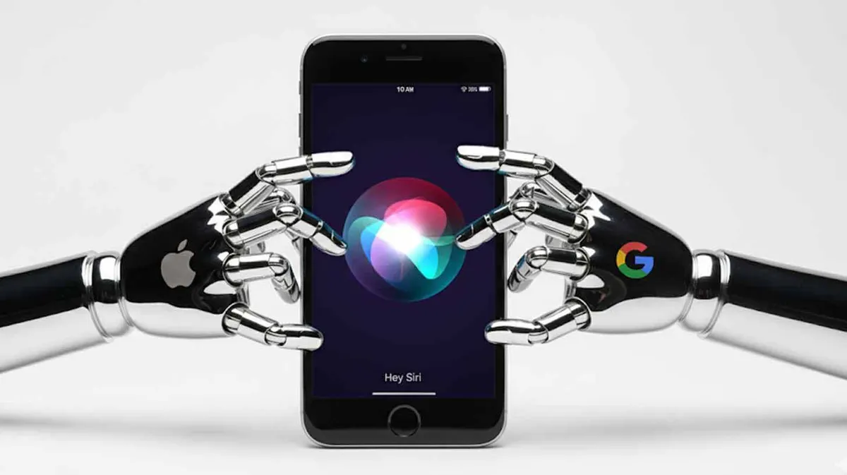 Kujutisel on kaks robotkäte paari, mis mõlemad hoiavad mobiiltelefoni. Vasakpoolsel käel on Apple'i logo ja parempoolsel Google'i logo. Telefoni ekraanil on kuvatud Siri sümbol ja all tekst 