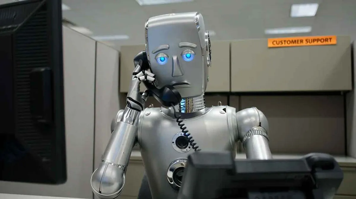 Hõbedane robot istub kontoriboksis, millel on silt 'KLIENDIABI'. Robot hoiab käes telefoni, justkui suhtleks kellegagi. Taustal on näha arvutimonitor ja kontoriruumi seinad.