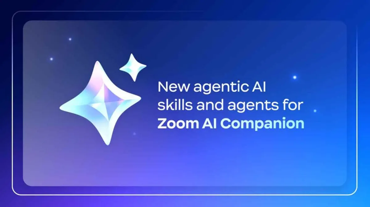 Sinisel taustal pilt särava tähekujulise logo ja tekstiga: 'New agentic AI skills and agents for Zoom AI Companion.'