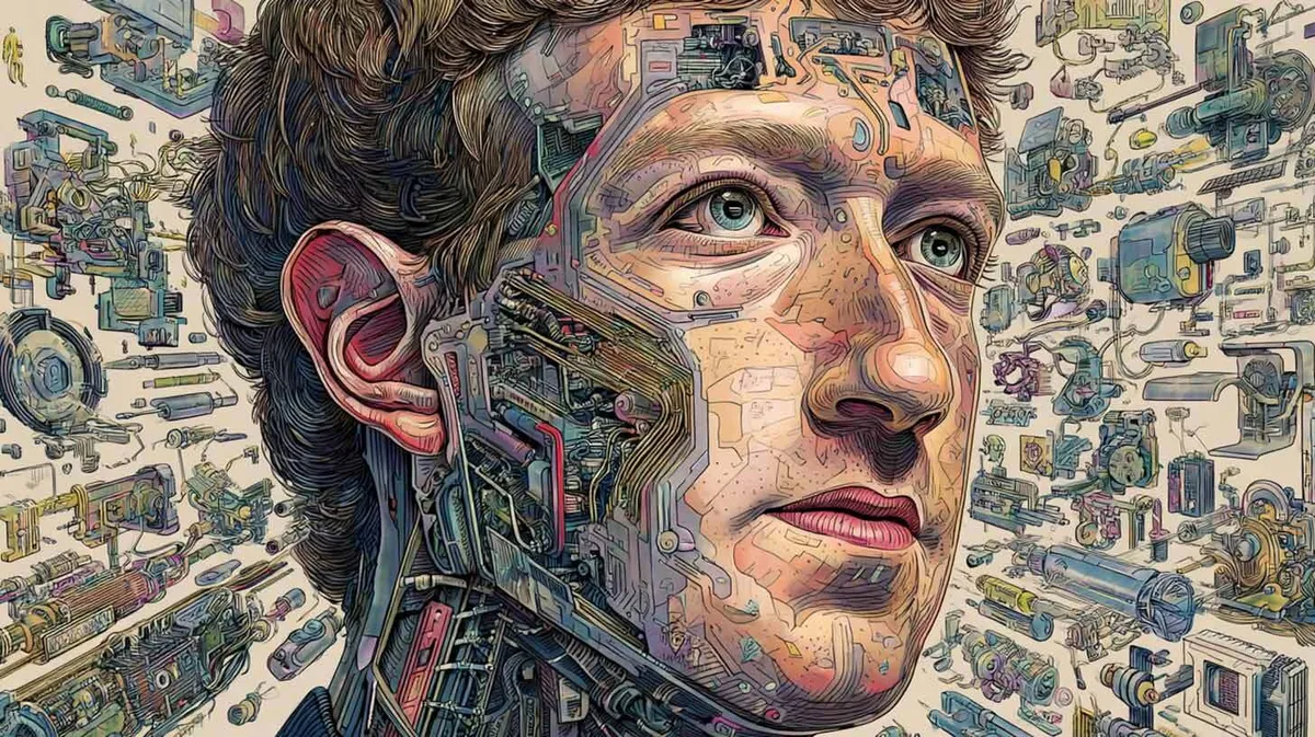 Futuristlik kunstiteos, mis kujutab inimese nägu, millel on robootilised ja mehhaanilised elemendid. Näo nahk on osaliselt läbipaistev, paljastades allolevad juhtmed ja masinakomponendid. Taustal on mitmesugused lahtivõetud tehnilised ja elektroonilised detailid.