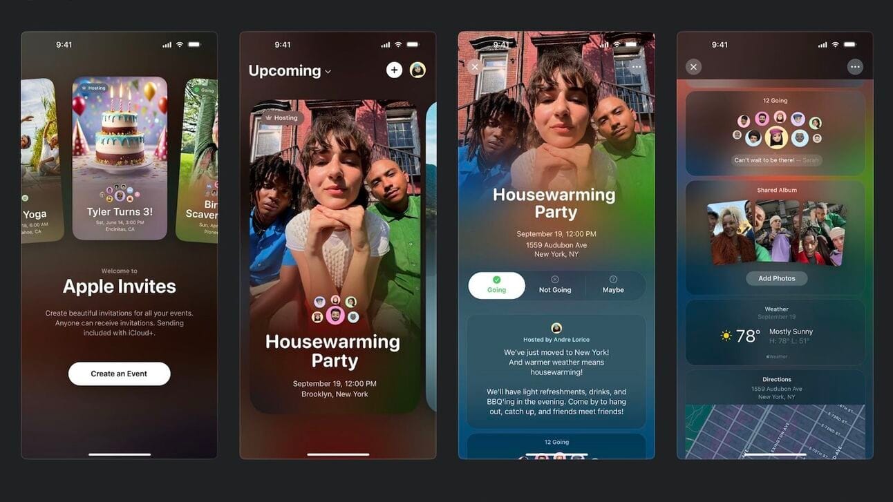 Pildil on neli ekraanitõmmist telefonirakendusest. Vasakul kuvatakse 'Apple Invites' alammenüü, kus on sündmuste kutsed nagu 'Tyler Turns 3!' ja 'Bird Scavenger'. Keskmised kuvad näitavad peo 'Housewarming Party' detailset infot, sealhulgas kuupäev, kellaaeg ja asukoht – 19. september, kell 12:00, New York. Ülemises osas on kolm isikut. Paremal ekraanitõmmisel kuvatakse osalejate arv, ilmastikutingimused ja kaardi asukoht.
